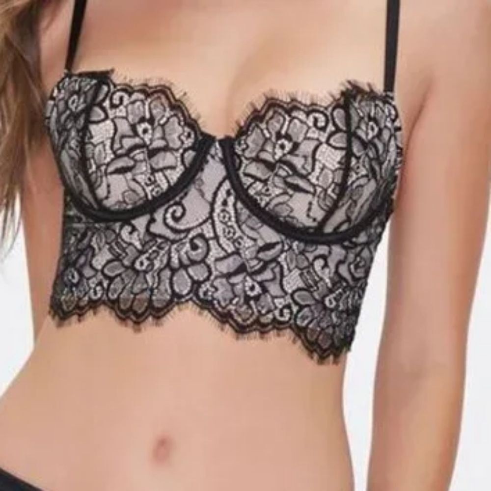 Forever 21 Black Floral Eyelash Lace Bustier Crop Camisole Cami Top, Sz 36C